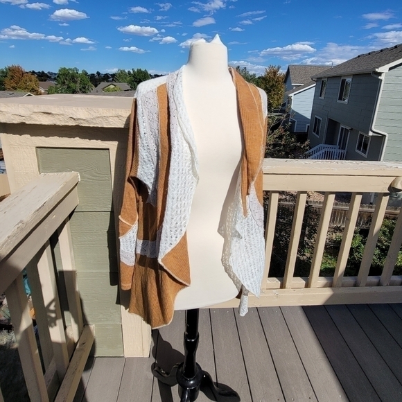 NICK & MO GOLDEN MUSTARD YELLOW RIBBED CARDIGAN W LACE & CROCHET LACE, sz M/L - Picture 8 of 16